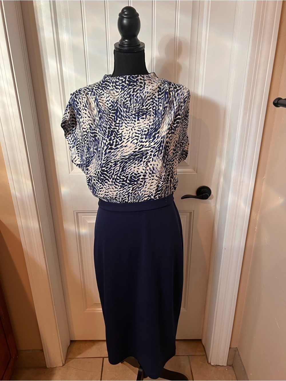 Express Blue and White Printed Top with Black Accents